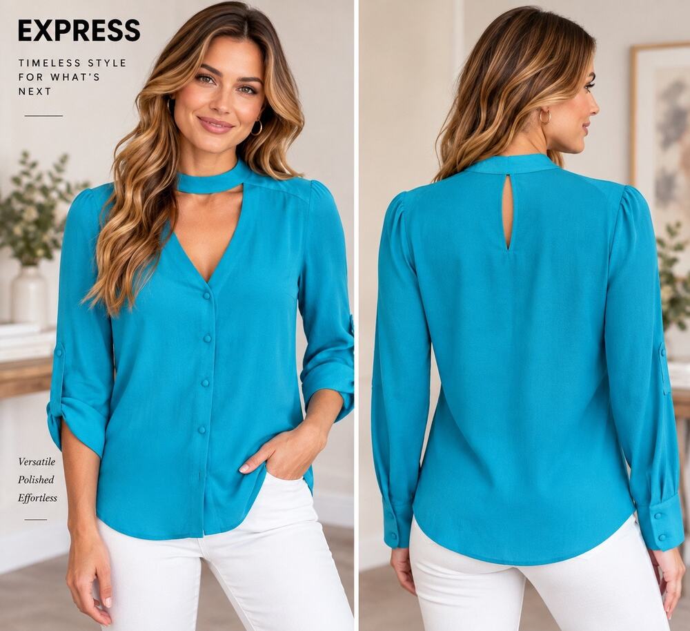 Express Teal Blue Choker Neck Blouse Large Roll Tab Sleeve NEW